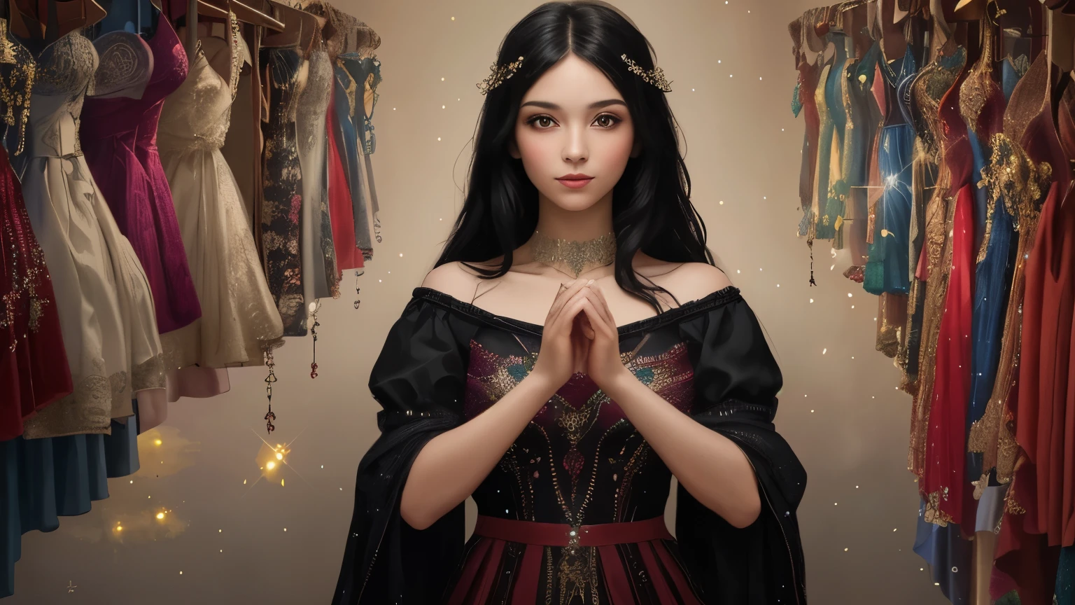 ((best quality)), ((masterpiece)), (detailed), A digital illustration of a young woman surrounded by fabric and sewing materials, with magical sparkles emanating from her hands as she creates a dress. She has long black hair and is wearing a flowing red dress.