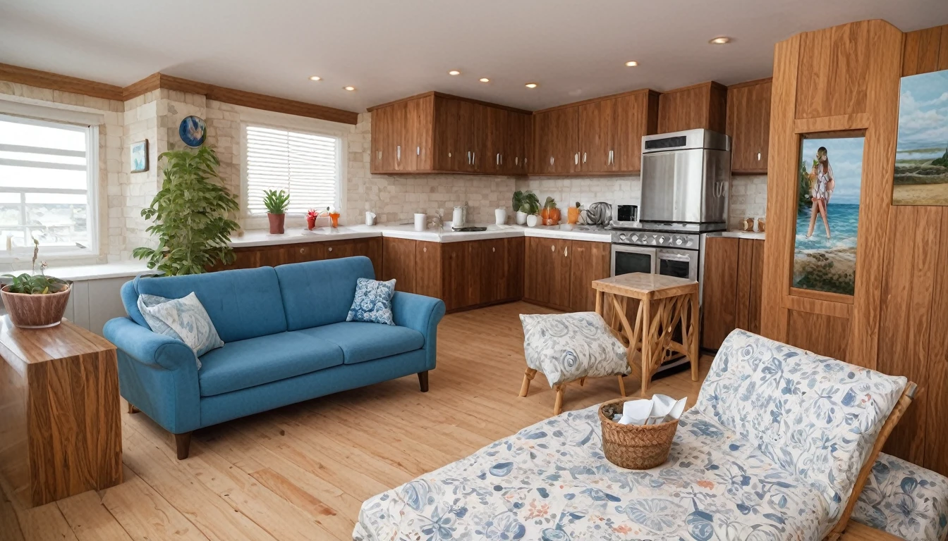 Describe a typical American West Coast home with a ocean view from the windows. The home features a kitchen with a wood wall paper, a wooden deck, and furniture with decorative surfboard-inspired accents and a surf-themed poster. The room also includes a white cushion and a navy blue sofa, along with a few potted plants. The lighting includes a pendant light. The scene is set on a bright morning. Provide a detailed description, approximately 16,000 characters in length, and focus on creating a beautiful and vivid depiction of the scene.