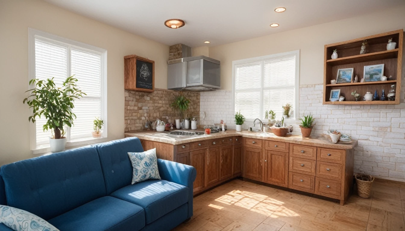 Describe a typical American West Coast home with a ocean view from the windows. The home features a kitchen with a wood wall paper, a wooden deck, and furniture with decorative surfboard-inspired accents and a surf-themed poster. The room also includes a white cushion and a navy blue sofa, along with a few potted plants. The lighting includes a pendant light. The scene is set on a bright morning. Provide a detailed description, approximately 16,000 characters in length, and focus on creating a beautiful and vivid depiction of the scene.