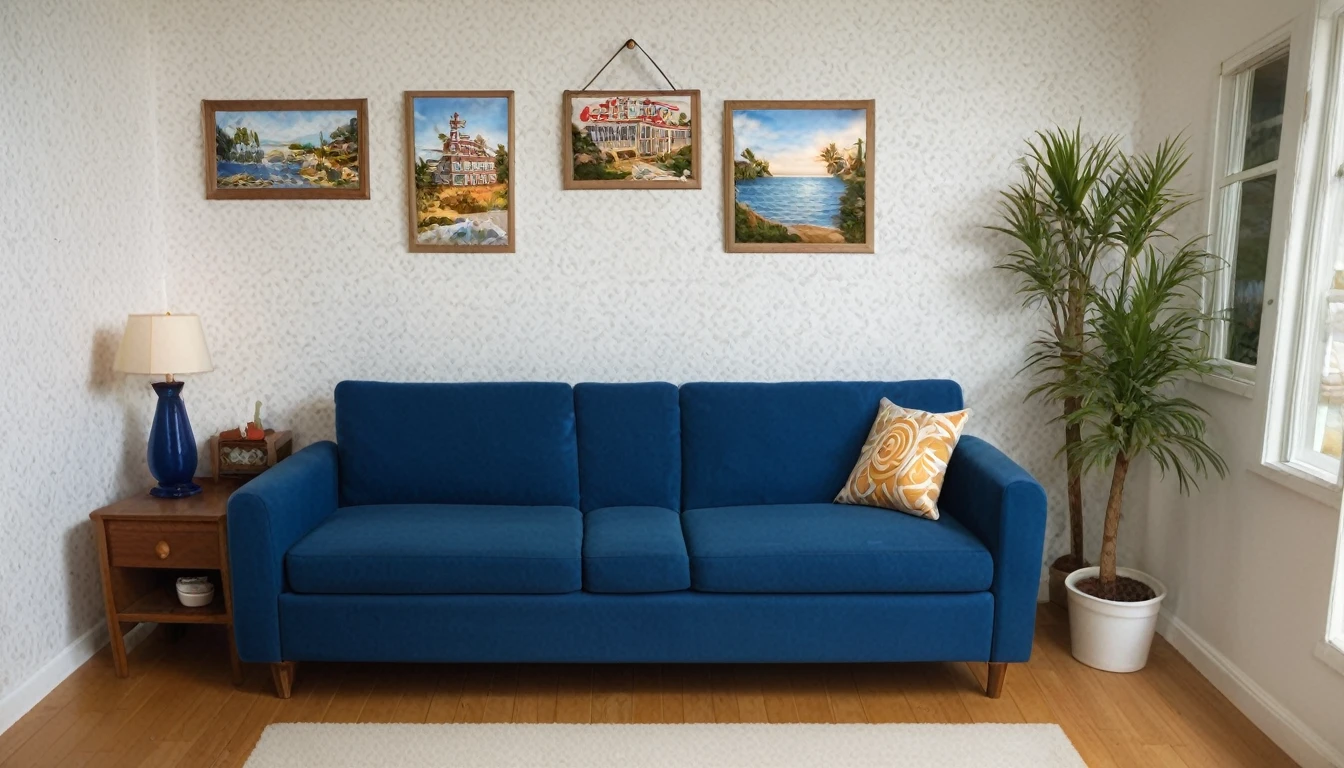 Describe a typical American West Coast home with a ocean view from the windows. The home features a kitchen with a wood wall paper, a wooden deck, and furniture with decorative surfboard-inspired accents and a surf-themed poster. The room also includes a white cushion and a navy blue sofa, along with a few potted plants. The lighting includes a pendant light. The scene is set on a bright morning. Provide a detailed description, approximately 16,000 characters in length, and focus on creating a beautiful and vivid depiction of the scene.