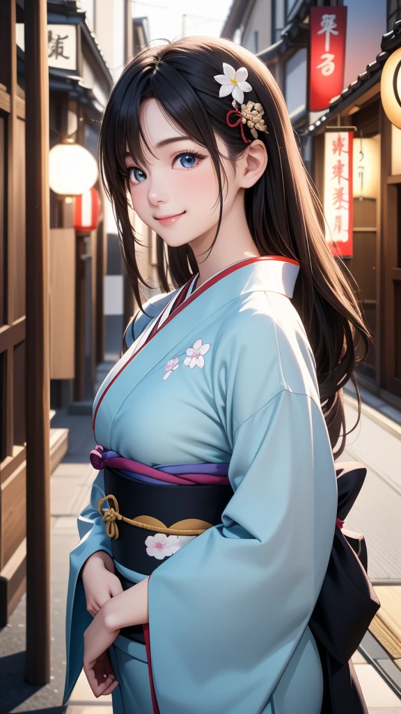 Professional Lighting,(Realistic:1.4), (Top image quality:1.0), (超High resolution:1.0), 8K, Raw photography, (masterpiece:0.2), (Dealing with the Children_v1:0.5)、(最高quality Detail:1.2)、Realistic、8K Ultra HD、High resolution、(1 Girl:1.2)、超detailedな、High quality textures、複雑なdetailed、detailed、Very detailed CG、High quality shadows、detailed 美しく繊細な顔、Beautiful details and a delicate eye、(Symmetrical eyes:1.2),Written boundary depth、Ray Tracing,1 Girl, Japanese Girls, (Natural smile:1.4),cute, thin, Portrait of a beautiful Japanese woman in a kimono, Standing elegantly on a street corner in Kyoto. Kimono with vibrant traditional patterns, Hair decorated with elegant and delicate hairpins, Gentle expression. (With the old streets of Kyoto in the background:1.4)、The soft light of a spring afternoon、Adding tranquility to the scene. Rendered in a Realistic style with great attention to detail, High resolutionの画像.Sky Porn, Magic Hour, (Realistic:1.3), finely, quality, (Tabletop:1.2), (Realistic:1.2), (最高quality), (複雑なdetailed), dramatic, Ray Tracing, photograph, +roller