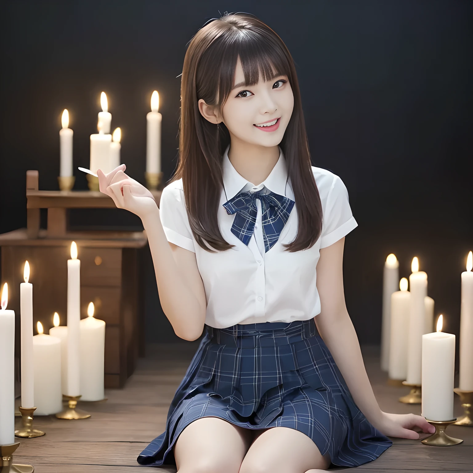 (highest quality, masterpiece:1.2), highest quality, High resolution, 1080P, 8K, Height: 158cm, ((A noble and intelligent girl like Japanese cute girly lady is hypnotizing and giggling, A very sweet, very noble, pretty and neat Japanese beautiful cute girl. Realistic very girly sweet cute noble girl like a princess is seated in many evil candles)), ((Completely black room with candles)), ((((14 years old, popular Japanese cute fashion model)))), ((((Extremely pure white face and hands and legs)))), Glossy lips, (Evenly cut bangs), ((Very beautifully laughing brown drooping gooey cute neat noble eyes)), ((straight black super-long straight hair covers the floor)), Very lustrous, glossy lips, Open hand over open mouth, Beautiful straight hair like a hair model, Watching the viewer and laughing, ((Incredibly well organized, The expression is rich. plump and beautiful white skin and face)), ((Pure and clear sweetly smiling eyes)), ((smiling at me)), Glossy Lips, ((noble and neat)), ((Like a succubus is fascinating with magic and giggling)), ((((A succubus is fascinating and calling to the deeper place forever)))), Extremely beautiful blue skirt, ((highly up-curved lips)), ((looking at the viewer directly)), white hands, ((Navy Japanese school blazer, Navy and sapphire blue Japanese school uniform tartan checkered pleated long skirt, Blue string ribbon tie)), ((((An ecstatic face expression of boundless joy)))), ((black background))