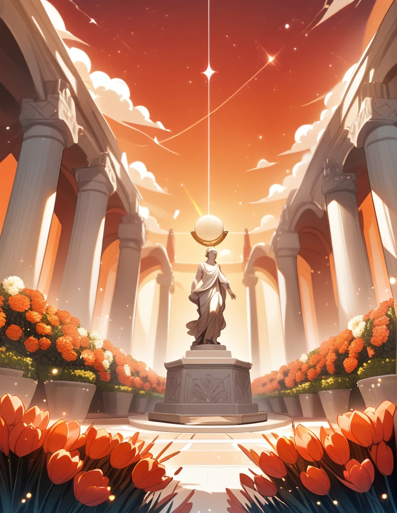 large garden with red grass, with Greek marble sculptures and some small sparkles hovering over the flowers, and an orange sky