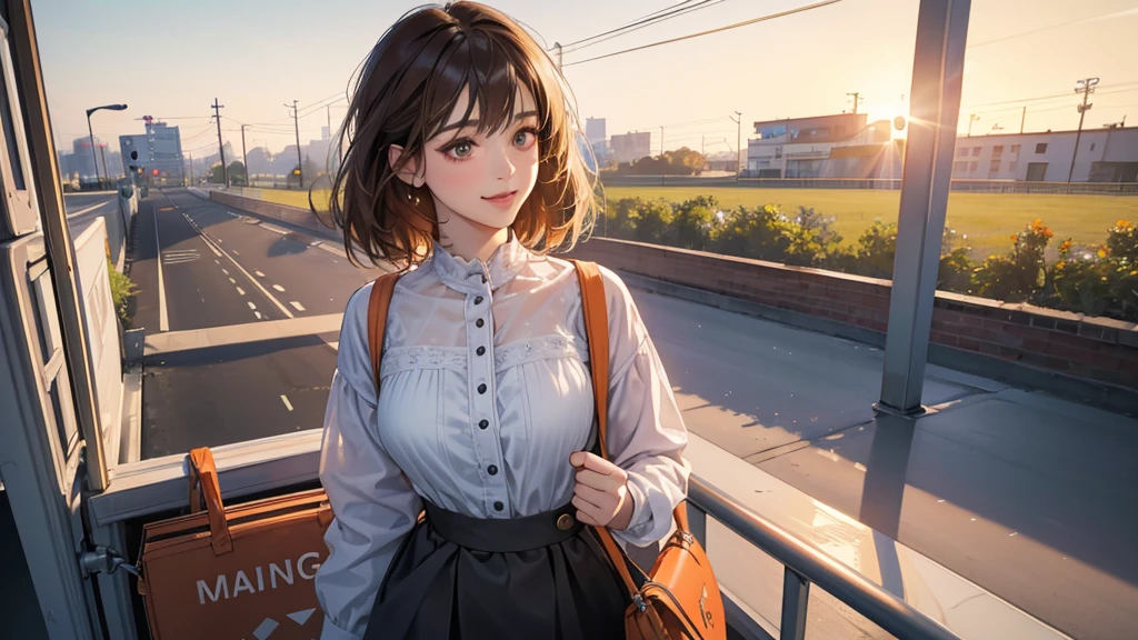 (perfect ???????:1.2)(absurdres, highres, ultra detailed),masterpiece,best quality,high resolution,8K,Realistic face,Realistic skin texture,magnified textures, stunning clarity,detailed girl,1 girl.(ultra detailed eyes and face),22 years old.(gley jacket,White blouse、Brown Hair、Shortcuts、Natural Makeup、Women's Pants)、good feeling、laughing、(morningの電車)、smilingly、train,morning、Sunny、Orange Tote Bag、、Looking at the sky、standing,she is a office worker