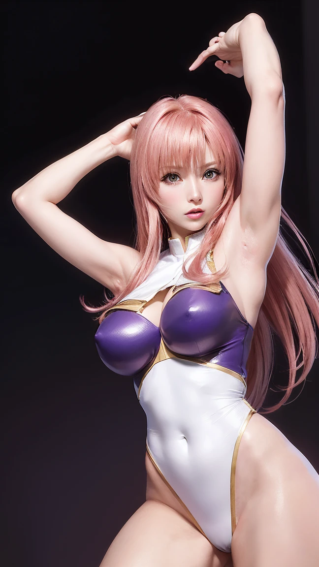 (masterpiece)、(Highest quality)、(Ultra-high resolution)、(Super quality)、(Super quality)、4K、(8K)、Highest quality、(beautiful)、One beautiful woman, Star hair ornament,  Pink Hair, Long Hair,Well-proportioned face、Thin chin、 gloves, Purple High Leg、White Thong、Big Breasts、Thighs、Sexy pose、Dynamic Angle、Noise Reduction、Crotch Emphasis、Emphasize the chest、Exposed breasts、Exposed female genitalia、Pink pubic hair、Pose to show off your armpits、(Pose to show off your armpits)、Spread your legs、