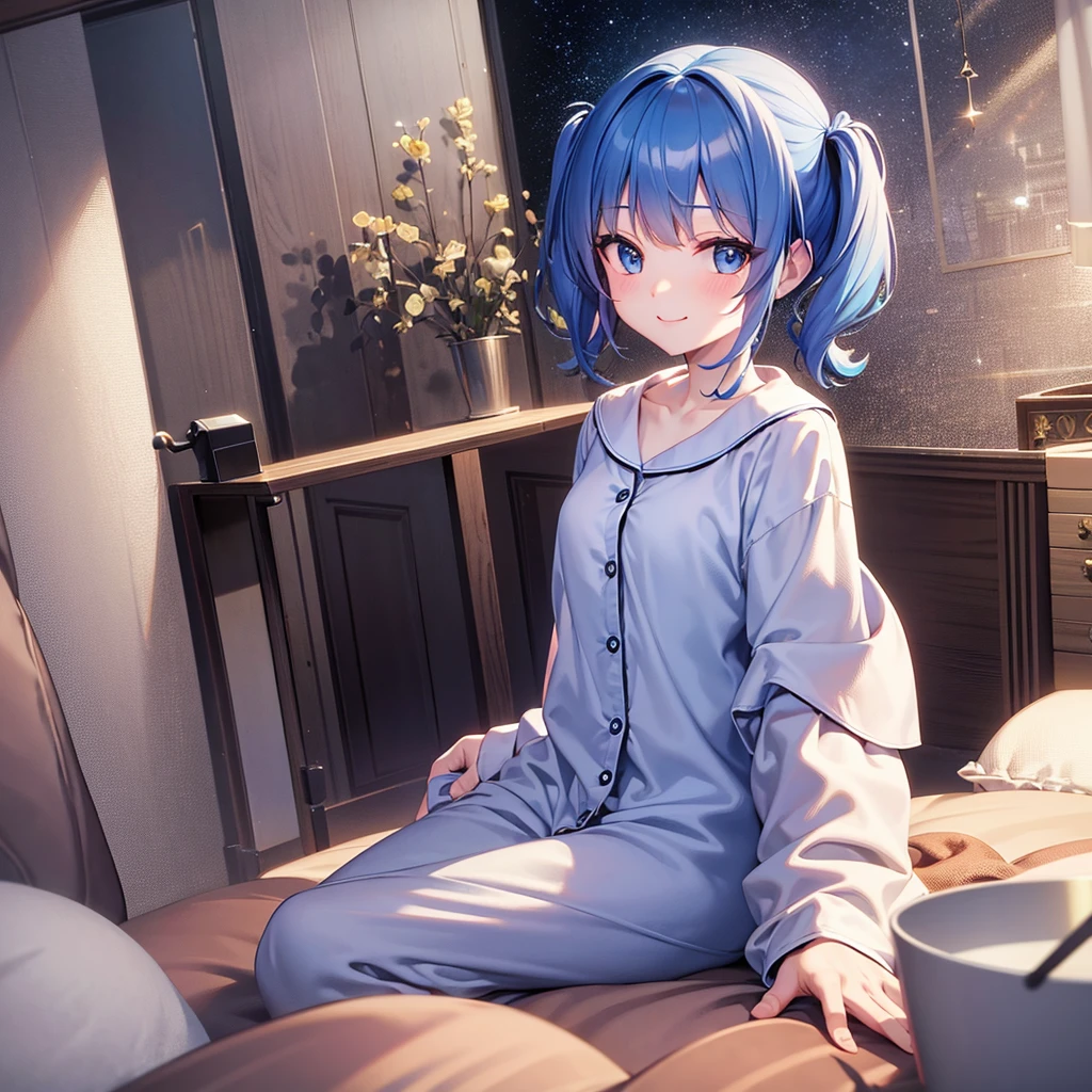 {{masterpiece}}, Highest quality, Highly Detailed CG Unity 8k Bedroom Short pigtails Big eyes smile Sitting pajamas Blue Hair