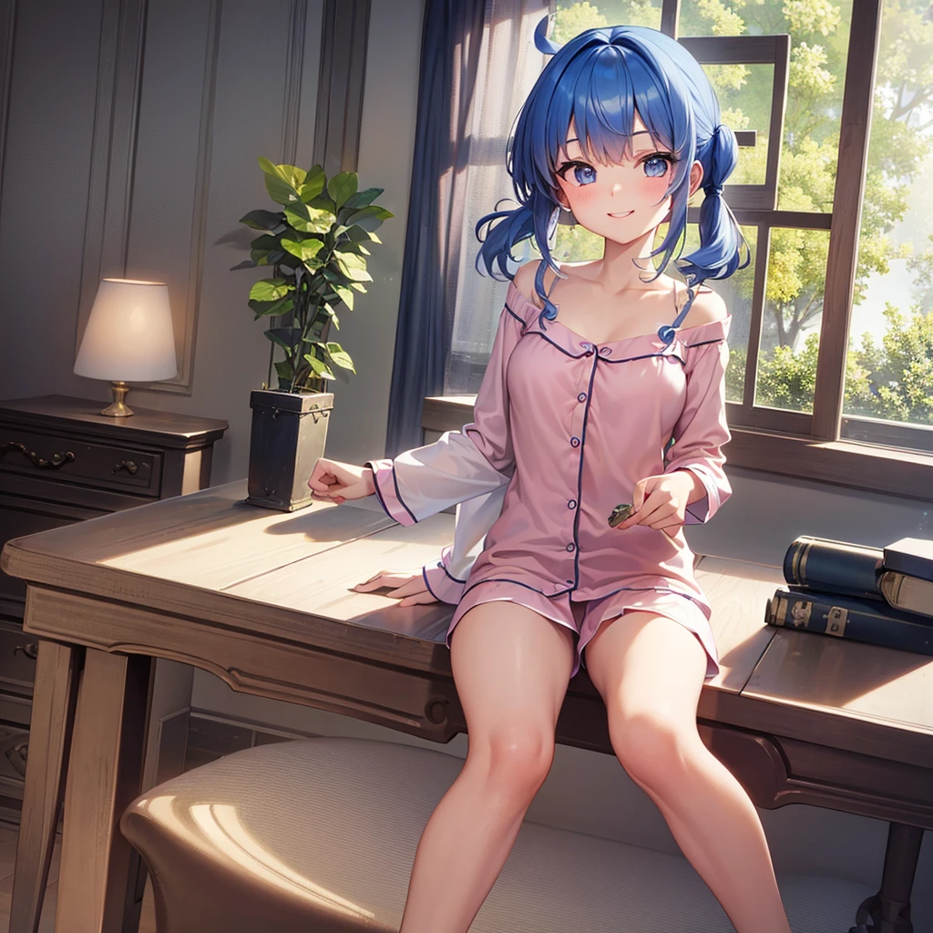 {{masterpiece}}, Highest quality, Highly Detailed CG Unity 8k Bedroom　Short pigtails　Big eyes　smile　Sitting　pajamas　Blue Hair