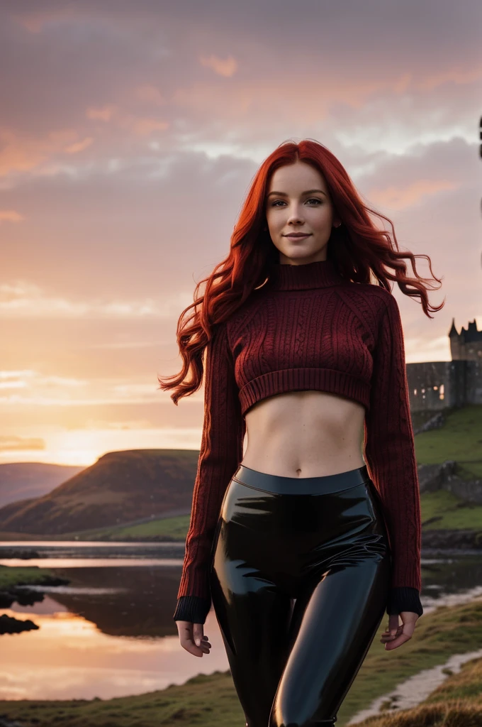a gorgeous European woman, wavy crimson red hair in the wind. she's a men magazine model, She has a subtle smile and flirts with the camera, (she wears leather shirt), (with a long wool sweater and pvc leggings:1.2),background landscape of Scotland Loch and Scottish castle ruins, (in sunset light:1.2), 