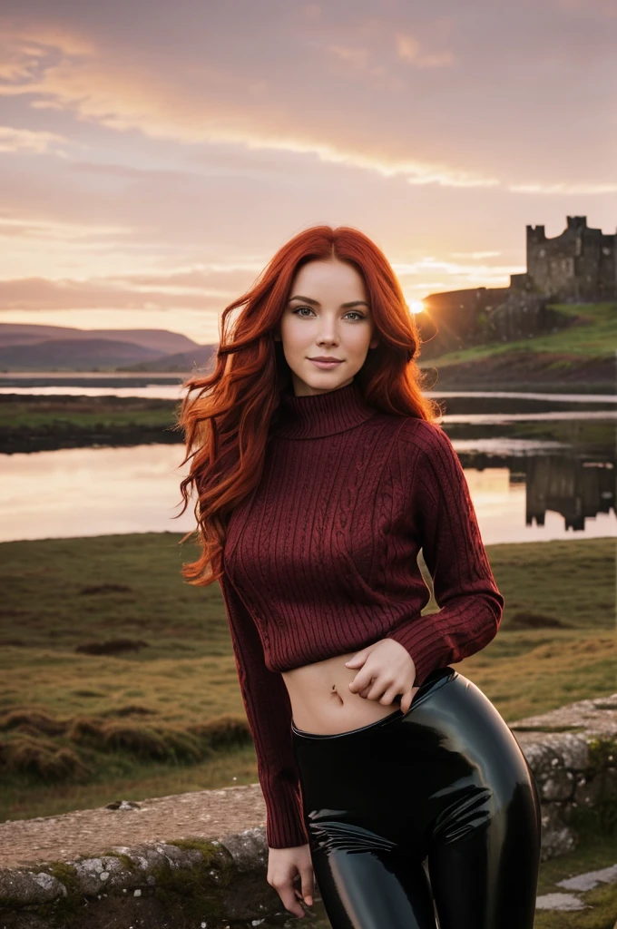 a gorgeous European woman, wavy crimson red hair in the wind. she's a men magazine model, She has a subtle smile and flirts with the camera, (she wears leather shirt), (with a long wool sweater and pvc leggings:1.2),background landscape of Scotland Loch and Scottish castle ruins, (in sunset light:1.2), 
