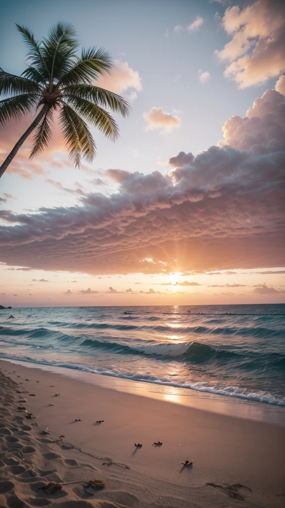 A beach at dusk with gentle waves lapping the sand, surrounded by palm trees and tropical vegetation. People having fun and relaxing, with the sun setting on the horizon, creating an orange and pink sky. Add details like shells in the sand and seagulls flying, to highlight the natural beauty of the environment."
