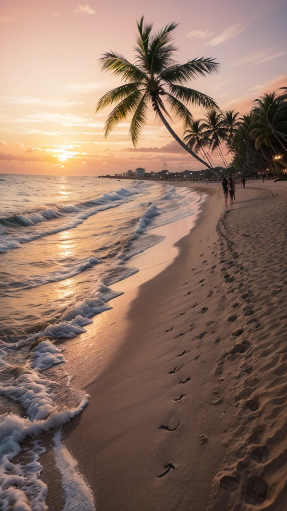 A beach at dusk with gentle waves lapping the sand, surrounded by palm trees and tropical vegetation. People having fun and relaxing, with the sun setting on the horizon, creating an orange and pink sky. Add details like shells in the sand and seagulls flying, to highlight the natural beauty of the environment."