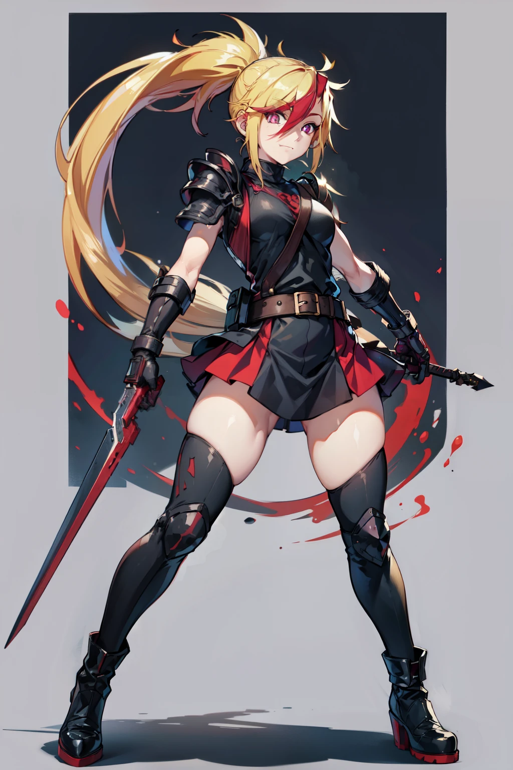 (masterpiece, best quality:1.2), red glowing eyes, red eyes, the eyes are red, perfect face, highres, 1 girl, solo, ultra long ponytail, (female:1.5), strife, blonde hair, shoulder armor, sleeveless turtleneck, suspenders, belt, gloves, bracer, evil smile, standing, portrait, looking at viewer, giant sword on the back, long leather boots, fullbody shot