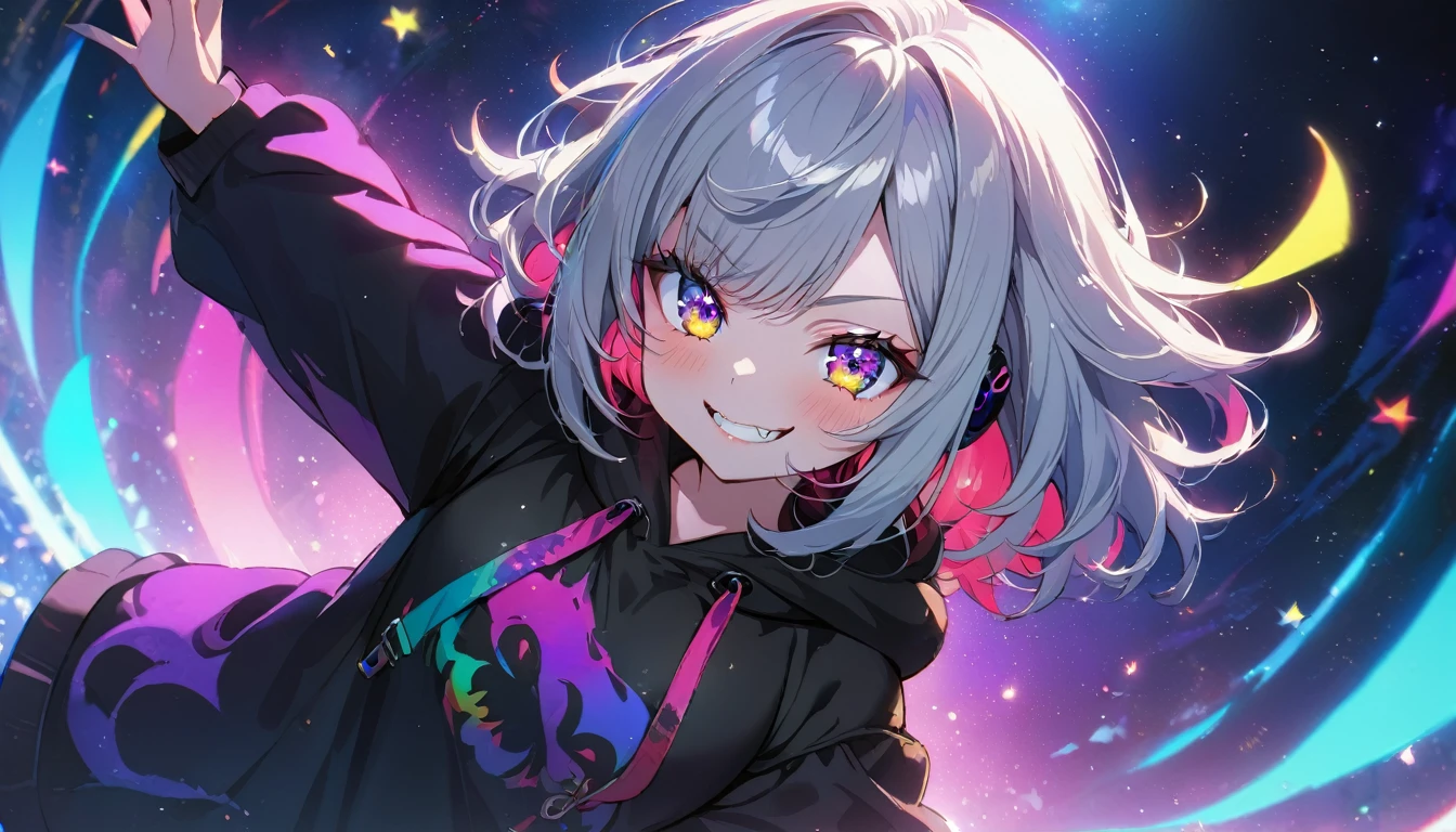 ((Masterpiece)), ((best quality)), (Anime:1.3), (super detail:1.2), (High Definition:1.3), (Professional Photography:1.3), cute young Girl, Glossy unruly hair, (loose swept bangs), (silver ash hair), medium hair, big eyes, (Eye bags:1.3), (Long eyelashes), colorful eyes, (evil smile and blush), Glossy lips, (jagged teeth), ((black hoodie with oversized)), (Dancing), cute, neon lit, starry night, (full body), (colorful:1.3), gothic makeup, wearing headphones, dutch angle, (Festival),