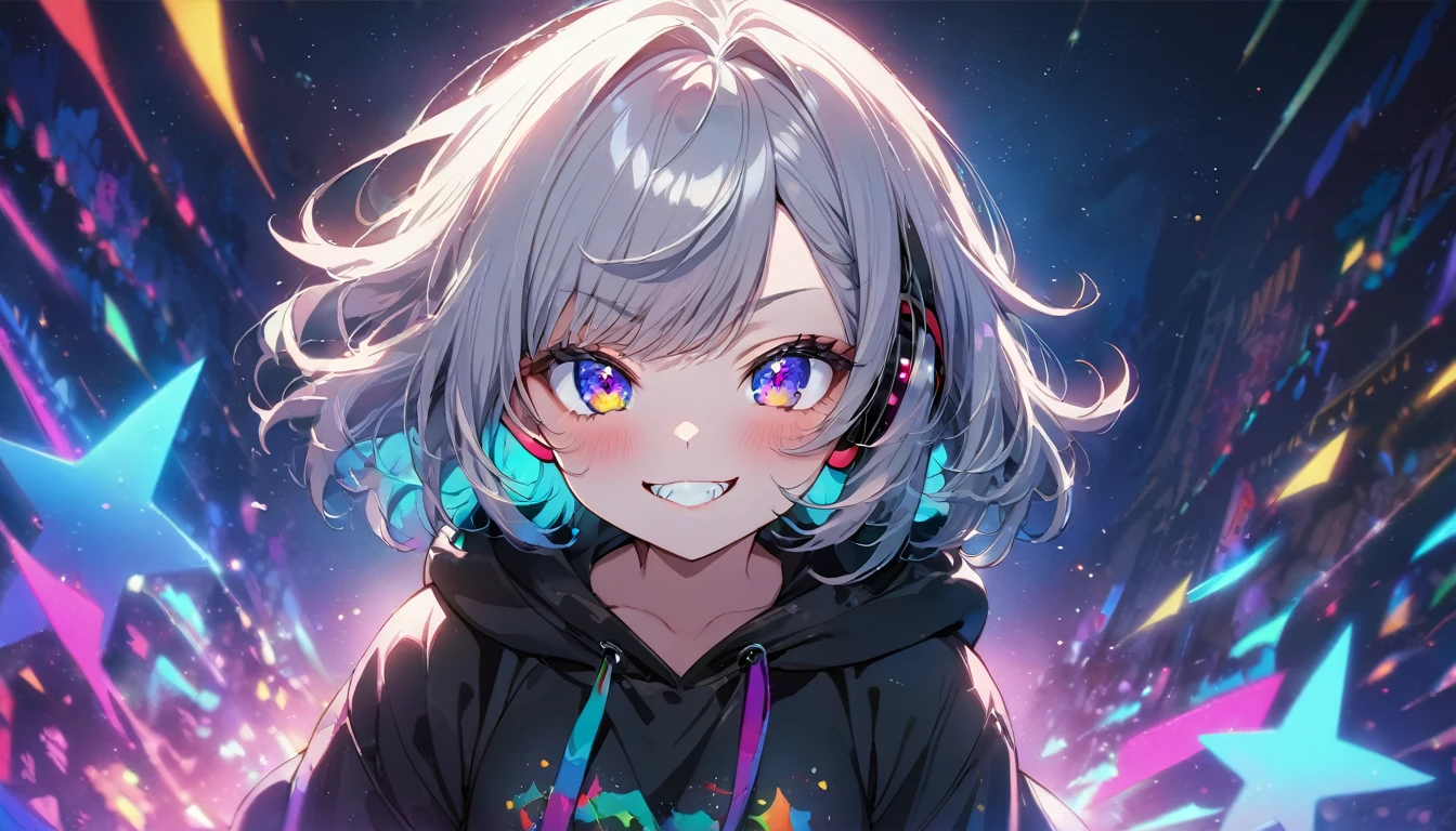 ((Masterpiece)), ((best quality)), (Anime:1.3), (super detail:1.2), (High Definition:1.3), (Professional Photography:1.3), cute young Girl, Glossy unruly hair, (loose swept bangs), (silver ash hair), medium hair, big eyes, (Eye bags:1.3), (Long eyelashes), colorful eyes, (evil smile and blush), Glossy lips, (jagged teeth), ((black hoodie with oversized)), (Dancing), cute, neon lit, starry night, (full body), (colorful:1.3), gothic makeup, wearing headphones, dutch angle, (Festival),