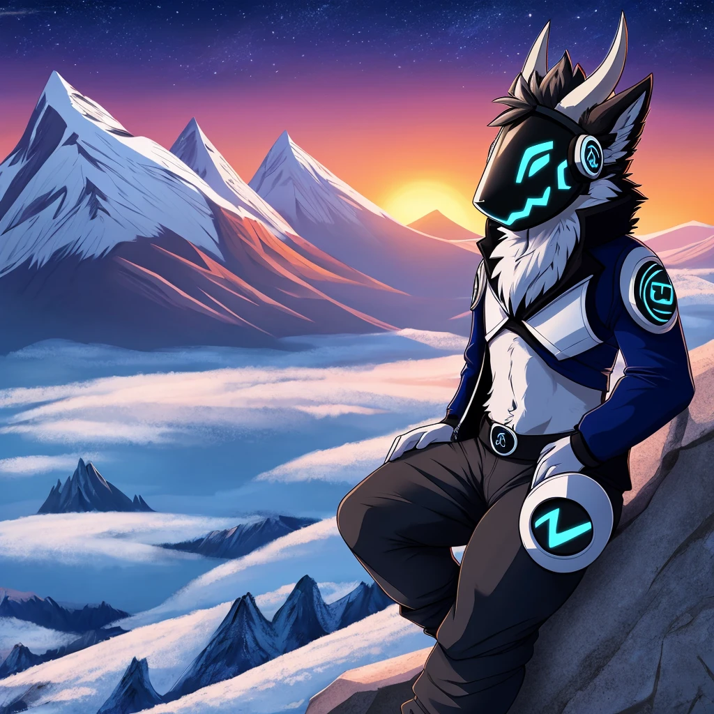 Hairy protogen with horns not so big or small on its head and smiling at a sunset in a mountain and blue in color with black and white fur and with the body of a protogen with more vital parts and with a jacket and mountain pants being alone and his tail a little long and fluffy