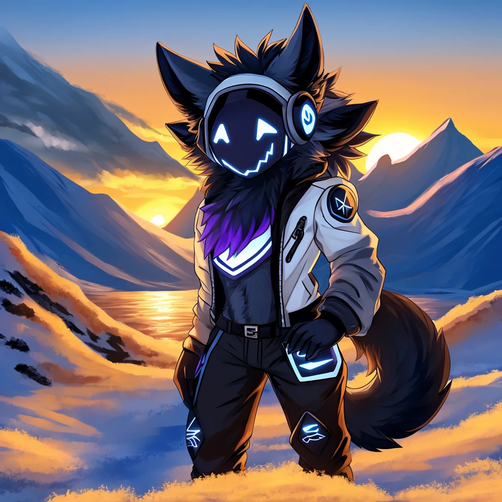 Hairy protogen with horns not so big or small on its head and smiling at a sunset in a mountain and blue in color with black and white fur and with the body of a protogen with more vital parts and with a jacket and mountain pants being alone and his tail a little long and fluffy