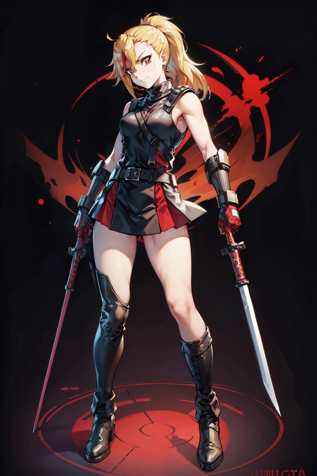 (masterpiece, best quality:1.2), red glowing eyes, red eyes, the eyes are red, perfect face, highres, 1 girl, solo, ultra long ponytail, (female:1.5), strife, blonde hair, shoulder armor, sleeveless turtleneck, suspenders, belt, gloves, bracer, evil smile, standing, portrait, looking at viewer, giant sword on the back, long leather boots, fullbody shot