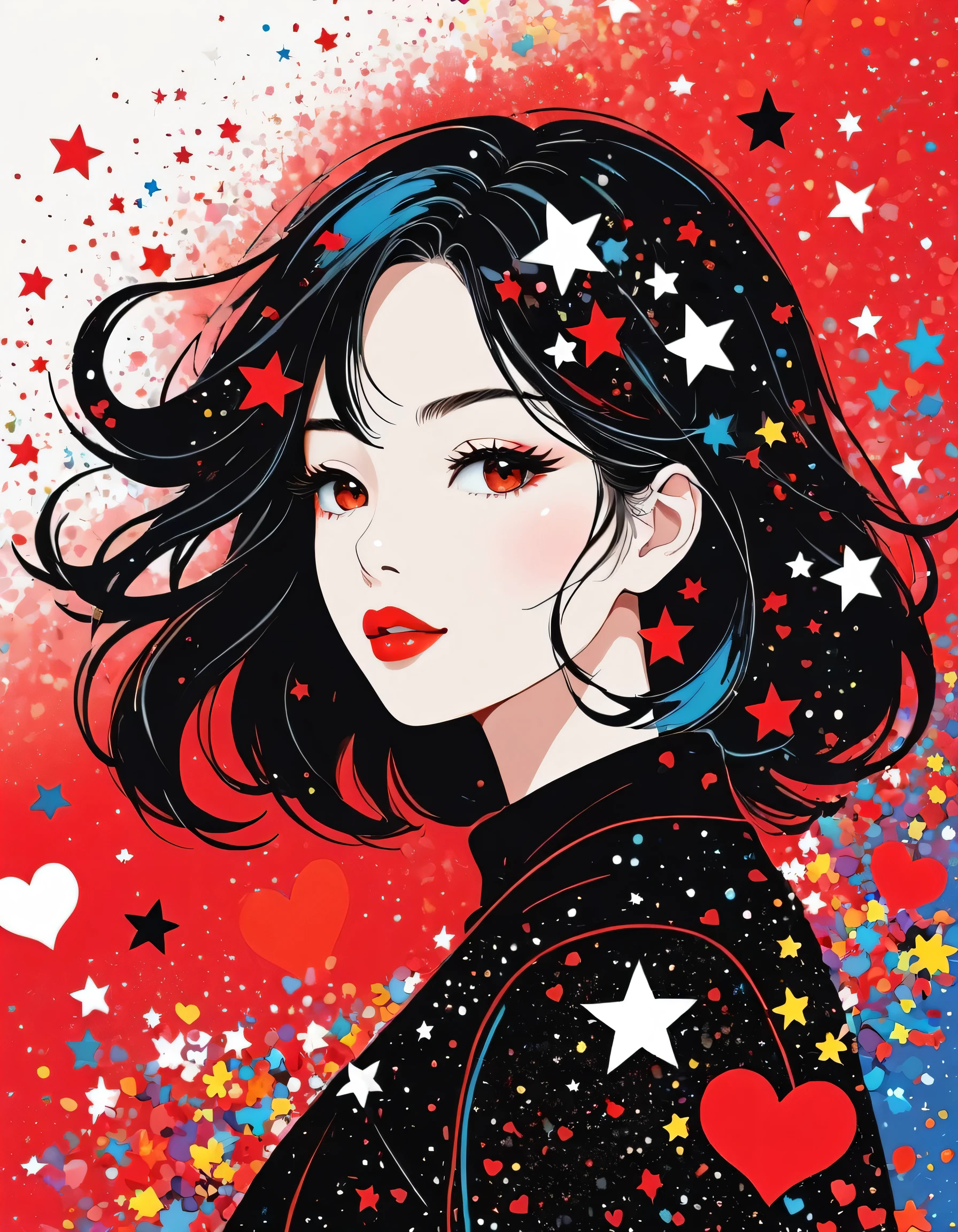 Black Star Red and White style, Simple Line Initialism，Abstract art，stylish Design, (((The most beautiful girl of all time))), The background is star dust, colorful hearts, colorful flowers, Lips in love