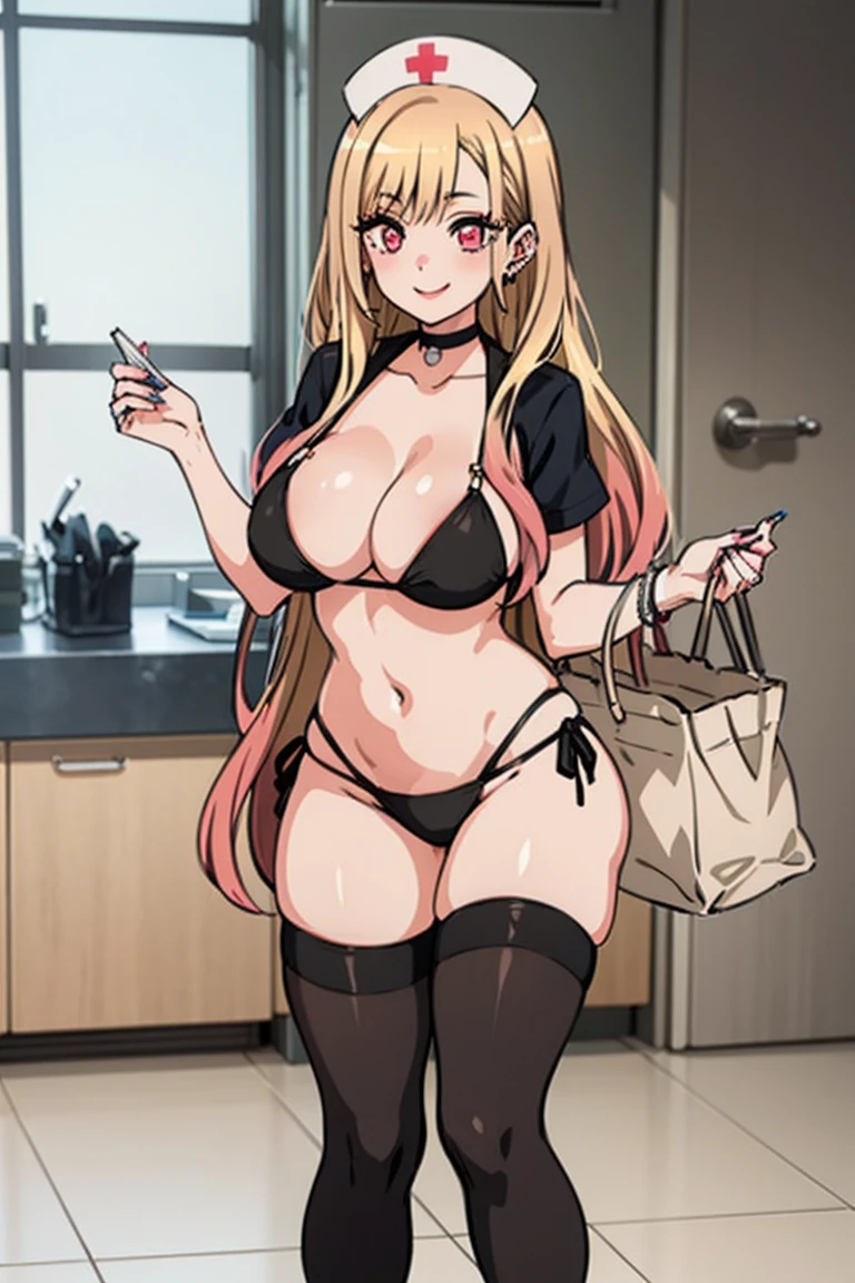 (1girl,  solo, (masterpiece:1.2), best quality, , nurse cap, bikini, thigh-highs. heels, big breasts  , wide hips , milf , operation theatre ,kitagawa marin, 1girl, blonde hair,, ear piercing, bag, piercing, pink eyes, gyaru ,black choker, earrings, , red eyes , bangs, multicolored hair , makeup, gradient hair  , smile 