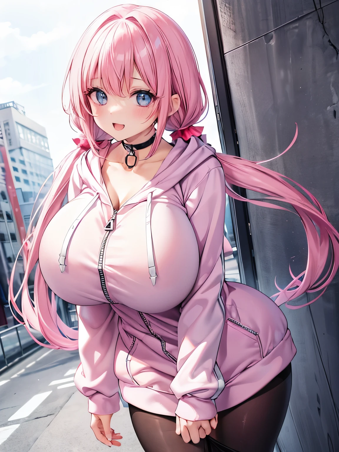 Best Quality,Detailed and cute eyes,Very cute face,(Solo Girl),(gigantic breasts:1.4),(Pink hair),(low twintails:1.6),Scrunchie,Big light blue eyes,Very happy smile,Open your mouth wide,View Viewer,BREAK,(white oversized hoodie,Front zipper,choker,Black Pantyhose:1.5),Leaning against a wall,Building district,Angle from below,Cowboy Shot,(Dynamic Pose,Dynamic Angle),