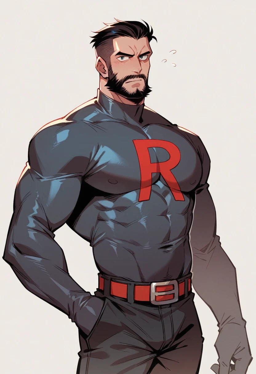 Human Male Adult , wearing Team Rocket Clothing , Black haircut, Beard ,
