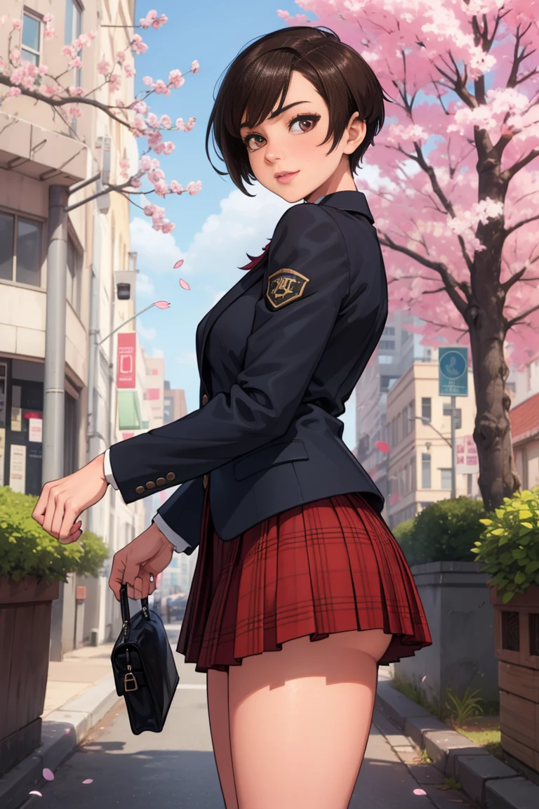 (best quality, ultra detailed, absolutely resolution:1.3), realistic, detailed cute face, detailed big eyes, detailed hair, detailed clothes, detailed realistic background, happy expression, BREAK (age girl:1.3), cheerful, solo, rebecca chambers, brown eyes, , blazer, plaid miniskirt, standing, medium breasts, thigh, fair skin, outdoors, downtown, cherry blossoms,