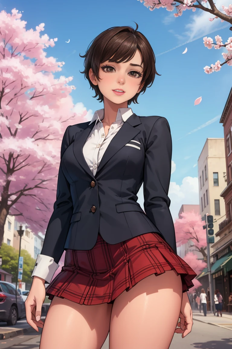 (best quality, ultra detailed, absolutely resolution:1.3), realistic, detailed cute face, detailed big eyes, detailed hair, detailed clothes, detailed realistic background, happy expression, BREAK (teenage girl:1.3), cheerful, solo, rebecca chambers, brown eyes, , blazer, plaid miniskirt, standing, medium breasts, thigh, fair skin, outdoors, downtown, cherry blossoms,