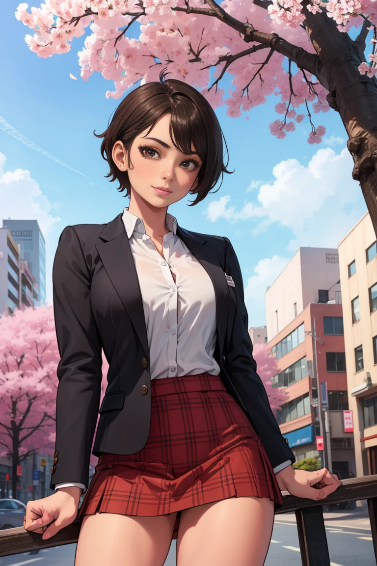 (best quality, ultra detailed, absolutely resolution:1.3), realistic, detailed cute face, detailed big eyes, detailed hair, detailed clothes, detailed realistic background, happy expression, BREAK (teenage girl:1.3), cheerful, solo, rebecca chambers, brown eyes, , blazer, plaid miniskirt, standing, medium breasts, thigh, fair skin, outdoors, downtown, cherry blossoms,
