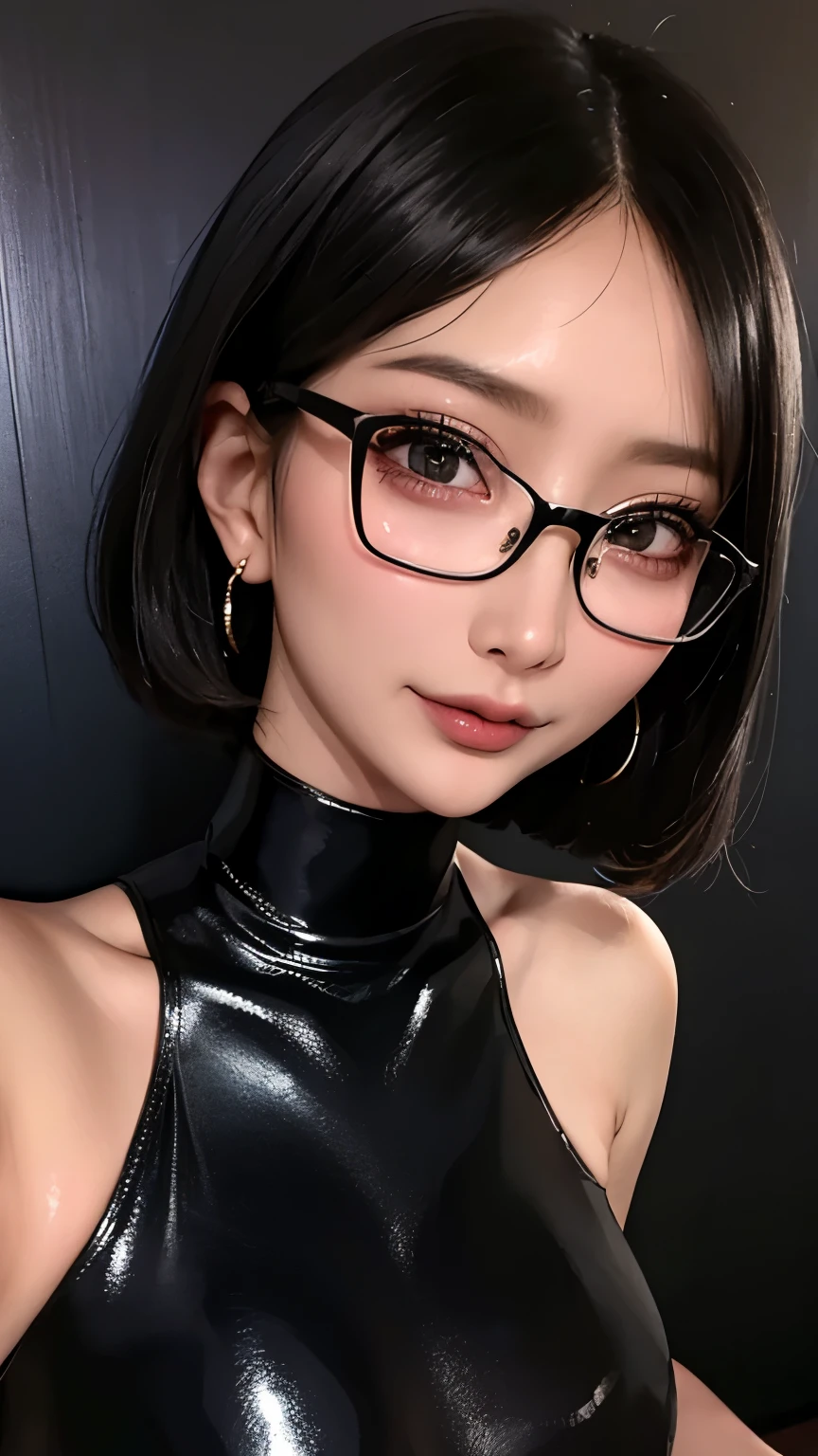 Super detailed, Highest quality, 8K, Ultra-high resolution, Black Hair, One Woman, amount, Glasses, Stiletto heels, Midnight, Slim figure ,Straight Hair, short hair, Glasses , (((Sweat, vapor))), sheer turtleneck dress, skin, Stiletto heelsサンダル, Beautiful feet, (((Urgent look))), Dark room、Full body paint、Detailed face、Delicate facial features、Detailed skin、Shiny skin、Detailed face、Delicate facial features、Detailed skin、Black glossy stockings、Beautiful Face、Perfect Face、非常に精巧でBeautiful Faceと目、Attractive face、Top view、Respect、Nightclub、