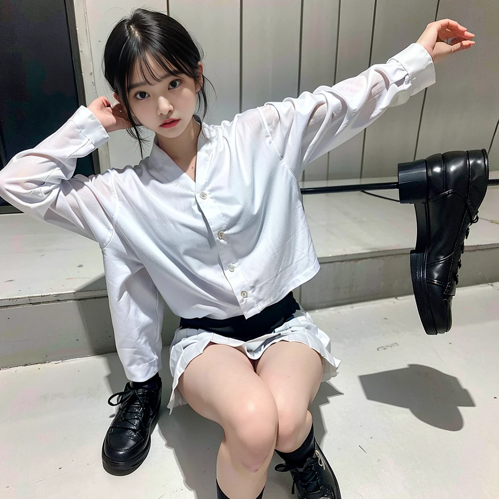hi-school girl、Cool、White shirt、Black pleated skirt、woman 1,Snow City at Night、platinum-blonde-hair、A bracelet、Dramatic Writing、full-shot、Slender woman、high-school uniform、Cinematic lighting、beautiful countenance、A sexy、Gray eyeodel shot、Whole human body、full-shot、Short black socks、Black sneakers、japanes、sixteen years old、Cool、I see underwear、Opened shirt、Sheer lingerie、Standing Pose、Hands fold behind your back、thick legs、a short skirt、Black tie、Cool、de pele branca、straight haired、Tsuriformes、Angry eyebrows、red blush、Loose socks、snow blowing、Fantastical、Voluptuous thighs、snowflakes falling、White breath