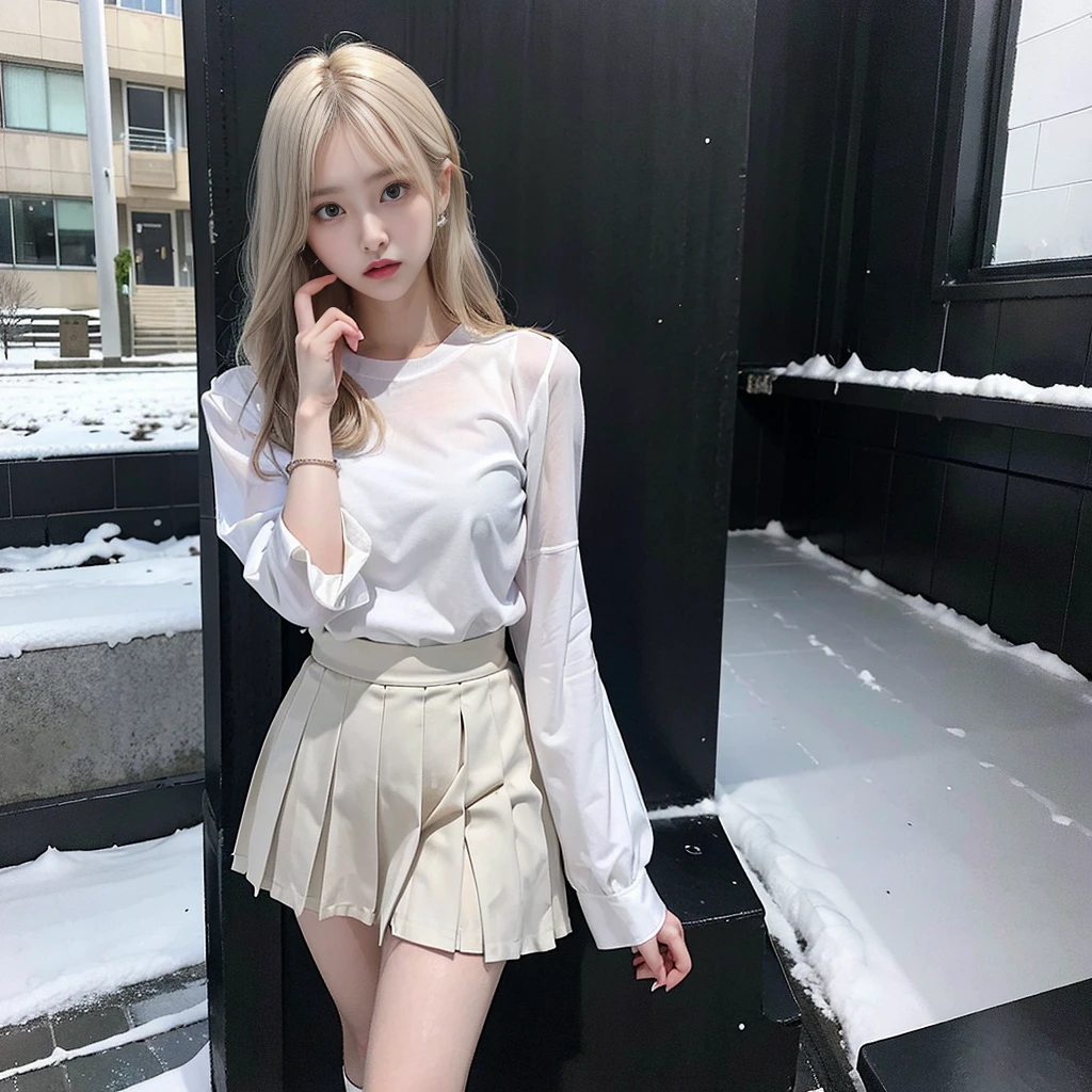 hi-school girl、Cool、White shirt、Black pleated skirt、woman 1,Snow City at Night、platinum-blonde-hair、A bracelet、Dramatic Writing、full-shot、Slender woman、high-school uniform、Cinematic lighting、beautiful countenance、A sexy、Gray eyeodel shot、Whole human body、full-shot、Short black socks、Black sneakers、japanes、sixteen years old、Cool、I see underwear、Opened shirt、Sheer lingerie、Standing Pose、Hands fold behind your back、thick legs、a short skirt、Black tie、Cool、de pele branca、straight haired、Tsuriformes、Angry eyebrows、red blush、Loose socks、snow blowing、Fantastical、Voluptuous thighs、snowflakes falling、White breath