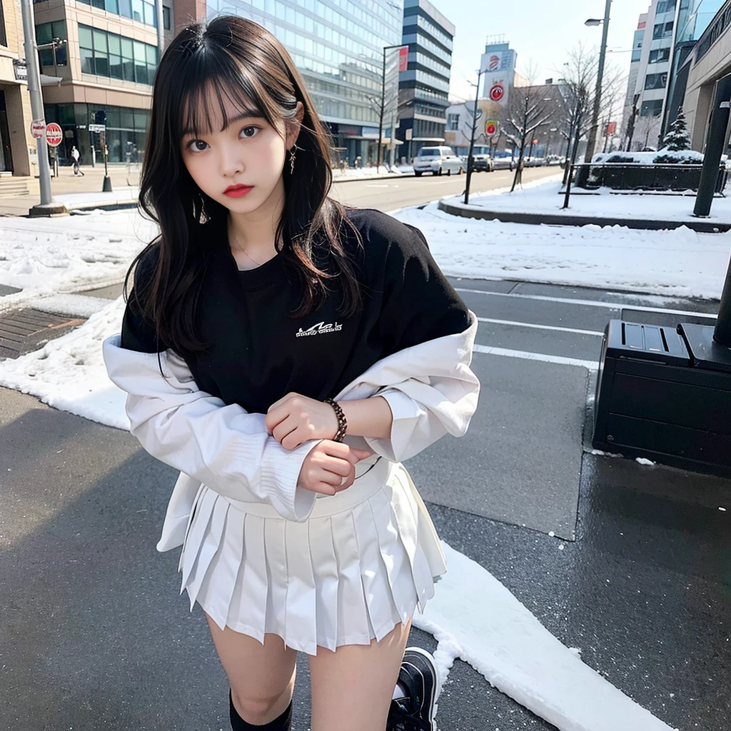 hi-school girl、Cool、White shirt、Black pleated skirt、woman 1,Snow City at Night、platinum-blonde-hair、A bracelet、Dramatic Writing、full-shot、Slender woman、high-school uniform、Cinematic lighting、beautiful countenance、A sexy、Gray eyeodel shot、Whole human body、full-shot、Short black socks、Black sneakers、japanes、sixteen years old、Cool、I see underwear、Opened shirt、Sheer lingerie、Standing Pose、Hands fold behind your back、thick legs、a short skirt、Black tie、Cool、de pele branca、straight haired、Tsuriformes、Angry eyebrows、red blush、Loose socks、snow blowing、Fantastical、Voluptuous thighs、snowflakes falling、White breath