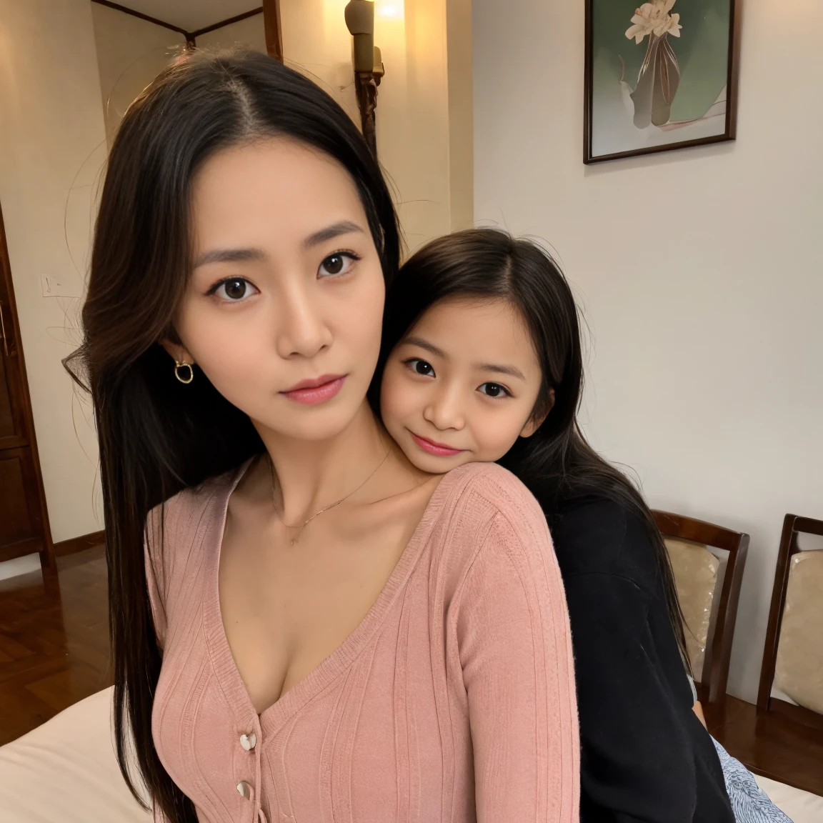 Beautiful woman, ((Mother and daughter:1.5)), ((My mother is 38 years old.:1.5)), ((Scared:1.5)), ((frightened:1.5)), (orgasm:1.5), ((mother has a flat chest:1.5)), ((My daughter is 18 years old:1.5)), Close in age, beautiful, I wear clothes, ((Mother has a very small mole on her left cheek:1.2)), ((Look into the viewer&#39;s eyes:1.5)), ((looking at viewer:1.5)), ((look into the viewer's eyes:1.5)), (top-quality, 16K, ​masterpiece:1.3), top quality, masterpiece, high resolution, photorealistic, (raw photo), live shooting, 16k wallpaper, perfection, professional lighting, very detailed, fine details, Hyperrealism, hyper realistic, realistic, japanese, (super detailed), (Photorealsitic:1.5), high-level image quality, very detailed, depth of field, (most beautiful), (dramatic lighting:1.2), (cinematic lighting:1.2), ambient lighting, (front lighting:1.2), highest precision, detailed fingers, detailed hands, detailed eyes, detailed skin texture, textured skin, realistic smooth soft skin, (perfect body proportion), (seductive emotion:1.3), (soft and plump thighs:1.2), (short torso:1.5), detailed face, detailed finger, clear eyes, gentle eyes, accurately drawn arms, accurate and perfect human anatomy, white and soft thighs, realistic smooth soft skin,