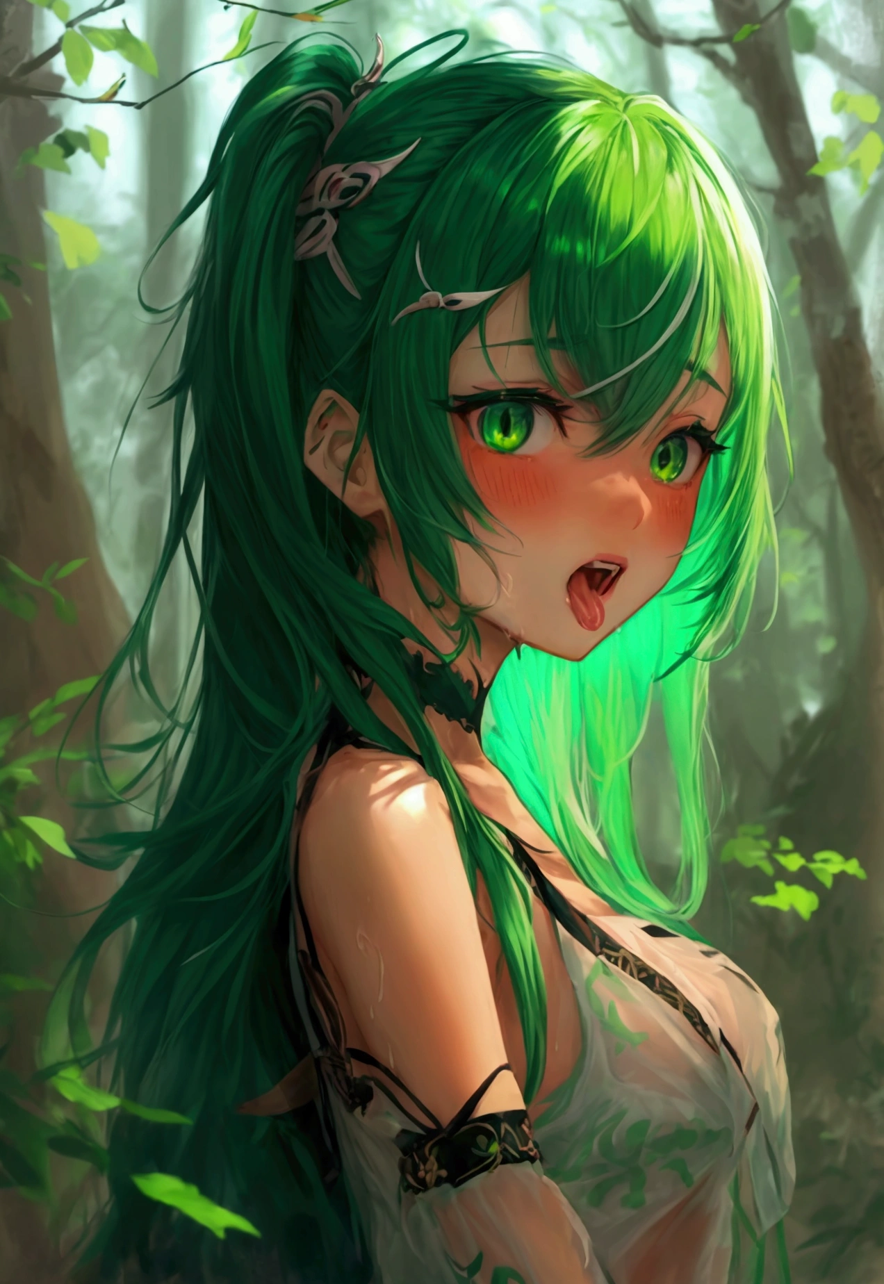 number,nahida_genshin&#39;long hair、green eyes、smooth、pointed ears、hair accessories、gray hair、Unique hair and eye color、side ponytail、gradient hair、green hair、hair between the eyes、student skip,shy,Blush,(perfect hand),(perfect anatomy),(Masterpiece),(Highest quality),In the forest,numberมีเสื้อผ้า,naked naked,Spread your legs up....,Showing pussy,happy face,open mouth,stick out your tongue,eyes looking up,Sweating,insert the stick into the pussy,There was a white fluid flowing from the pussy..