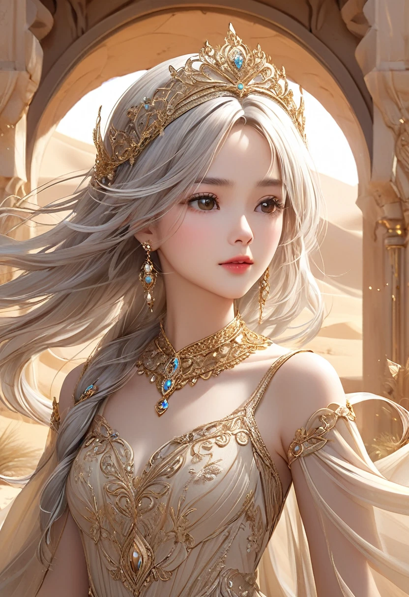 A charming and beautiful princess wearing a beige dress and a golden tiara stands in front of a desert oasis in the desert(close up) hair is very long,Silver hair swaying in the wind,
Beige dress with gold thread decoration, flowing fabric and rich details, Sophisticated and elegant jewelry, , Delicate and luxurious art masterpiece beautiful, Intricate details Delicate and dynamic depictions of magical atmosphere Aesthetic art Precisely detailed fantasy art Ultra-detailed,complicated,Film perspective,The use of light and shadow in CG art is bright, High-quality animation style presentation