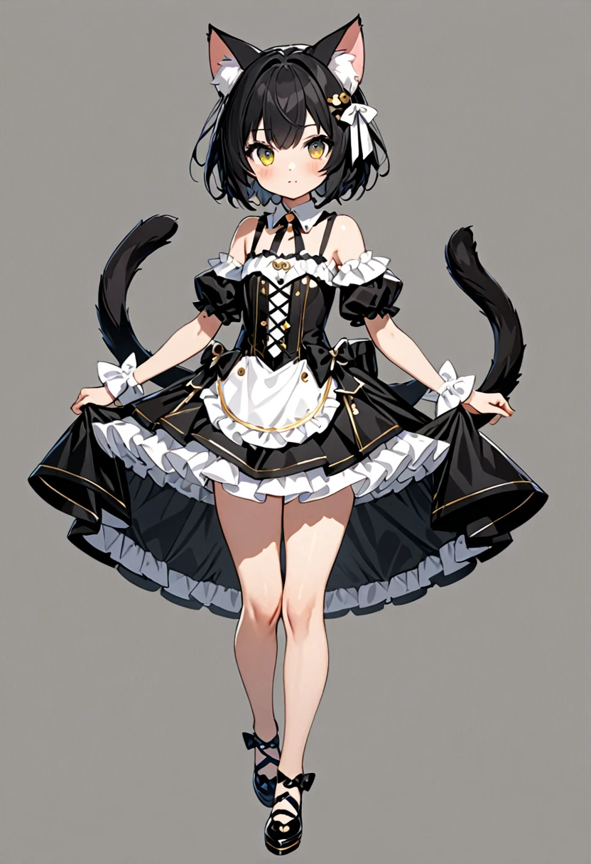 8K Ultra High-Quality, ultra-detailed, High quality, Black hair, short hair, cat girl, flat chest, white fancy dress, full body
