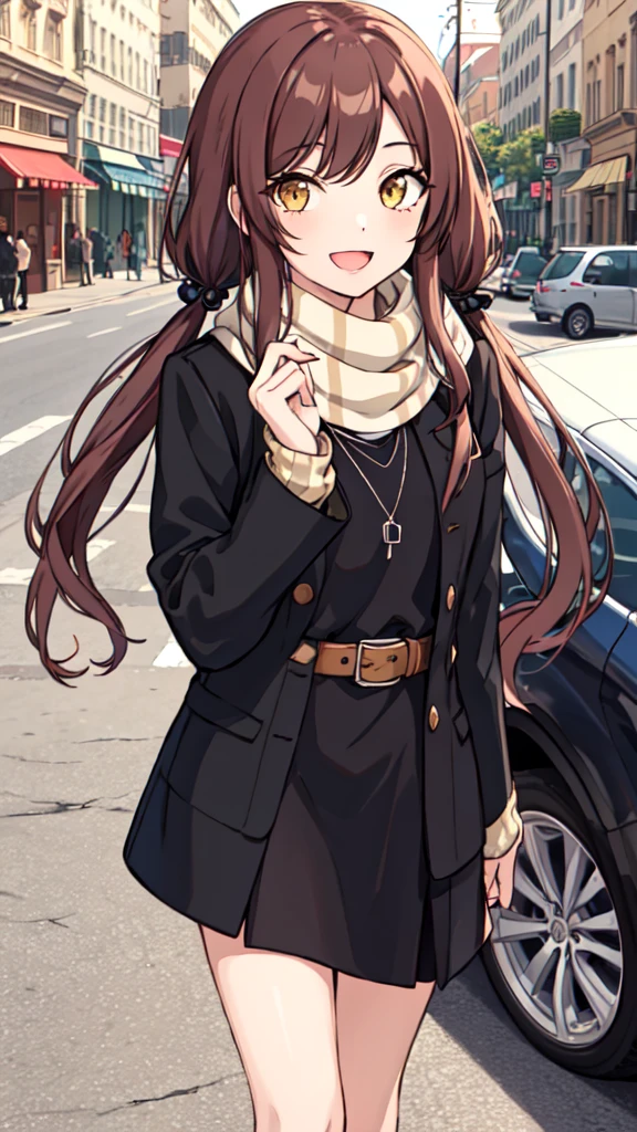 1girl, solo, osaki amana, long hair, jacket, open mouth, nail polish, jewelry, smile, twintails, looking at viewer, scarf, long sleeves, belt, brown hair, bangs, brown eyes, necklace, shirt, black shirt, swept bangs, :d, upper body, open clothes, yellow eyes, osaki amana,  (walking in the town:1.5),(outdoor:1.5),(in street:1.5),Cafeteria, Florist, Shoemaker, Florist, tailored jacket,upper body,考えてる家のリビング