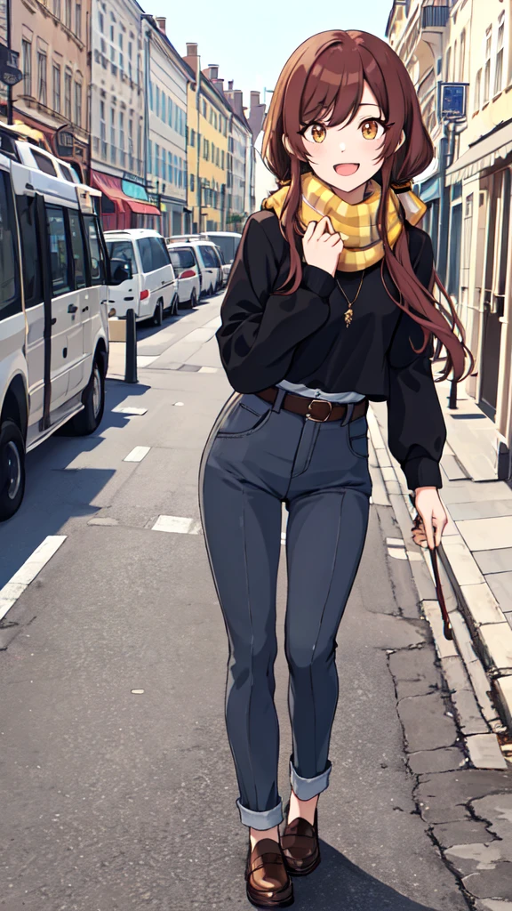 1girl, solo, osaki amana, long hair, jacket, open mouth, nail polish, jewelry, smile, twintails, looking at viewer, scarf, long sleeves, belt, brown hair, bangs, brown eyes, necklace, shirt, black shirt, swept bangs, :d, upper body, open clothes, yellow eyes, osaki amana, (walking in the town:1.5),(outdoor:1.5),(in street:1.5),Cafeteria, Florist, Shoemaker, Florist, tailored jacket,upper body,考えてる家のリビング