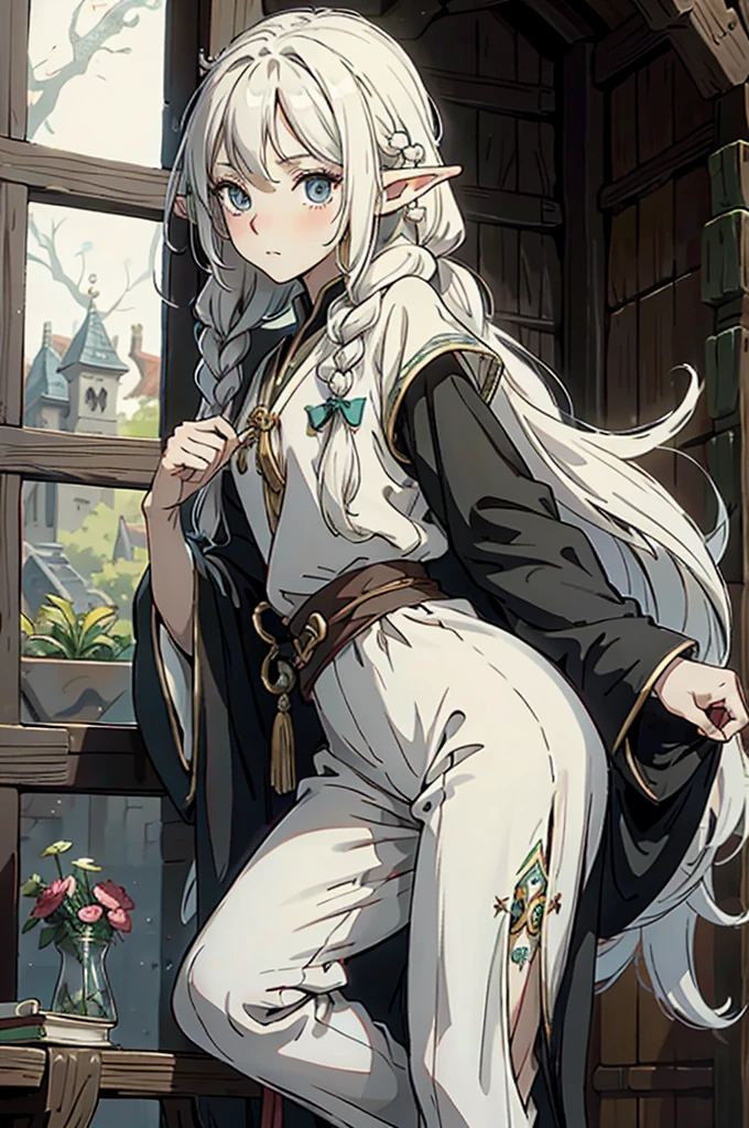 elf, young cute boy, long hair, braids, young, cute, ,medieval clothes, black and white clothes, jester, tanned skin, robe, pants, long socks, portrait