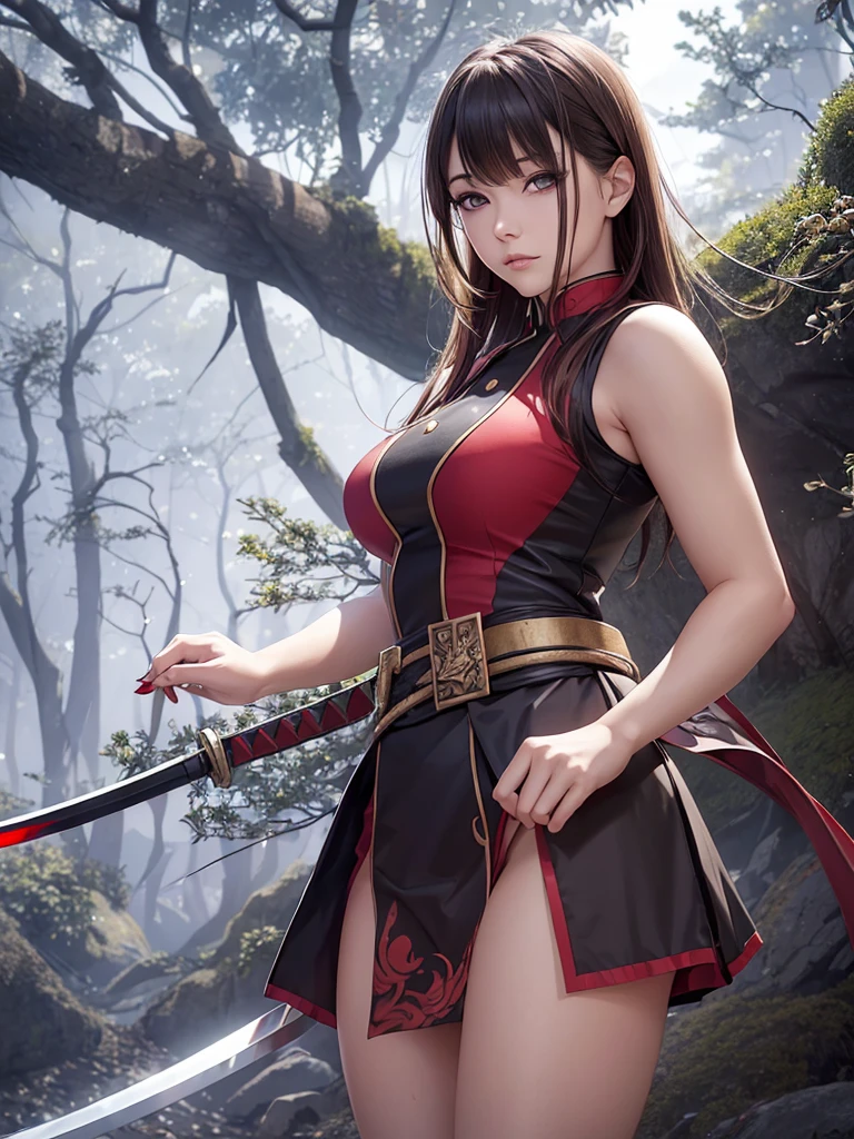 A beautiful young woman with short brown hair and a mix of blonde and brown eyes, wearing the standard Demon Slayer Corps uniform. She has a red haori with a pattern on it, and a large plus-shaped scar in the middle of her forehead, with bangs covering it. She has an elegant and kind expression, embodying the Demon Slayer art style. The woman is standing in a peaceful, daytime forest, holding a katana sword. She shines like a diamond, radiating an ethereal beauty. (best quality,4k,8k,highres,masterpiece:1.2),ultra-detailed,(realistic,photorealistic,photo-realistic:1.37),1girl,beautiful detailed eyes,beautiful detailed lips,extremely detailed eyes and face,longeyelashes,demon slayer uniform,red haori,plus-shaped scar,forest,katana sword,elegant,kind,demon slayer art style,shining,diamond-like,anime,demon slayer art style