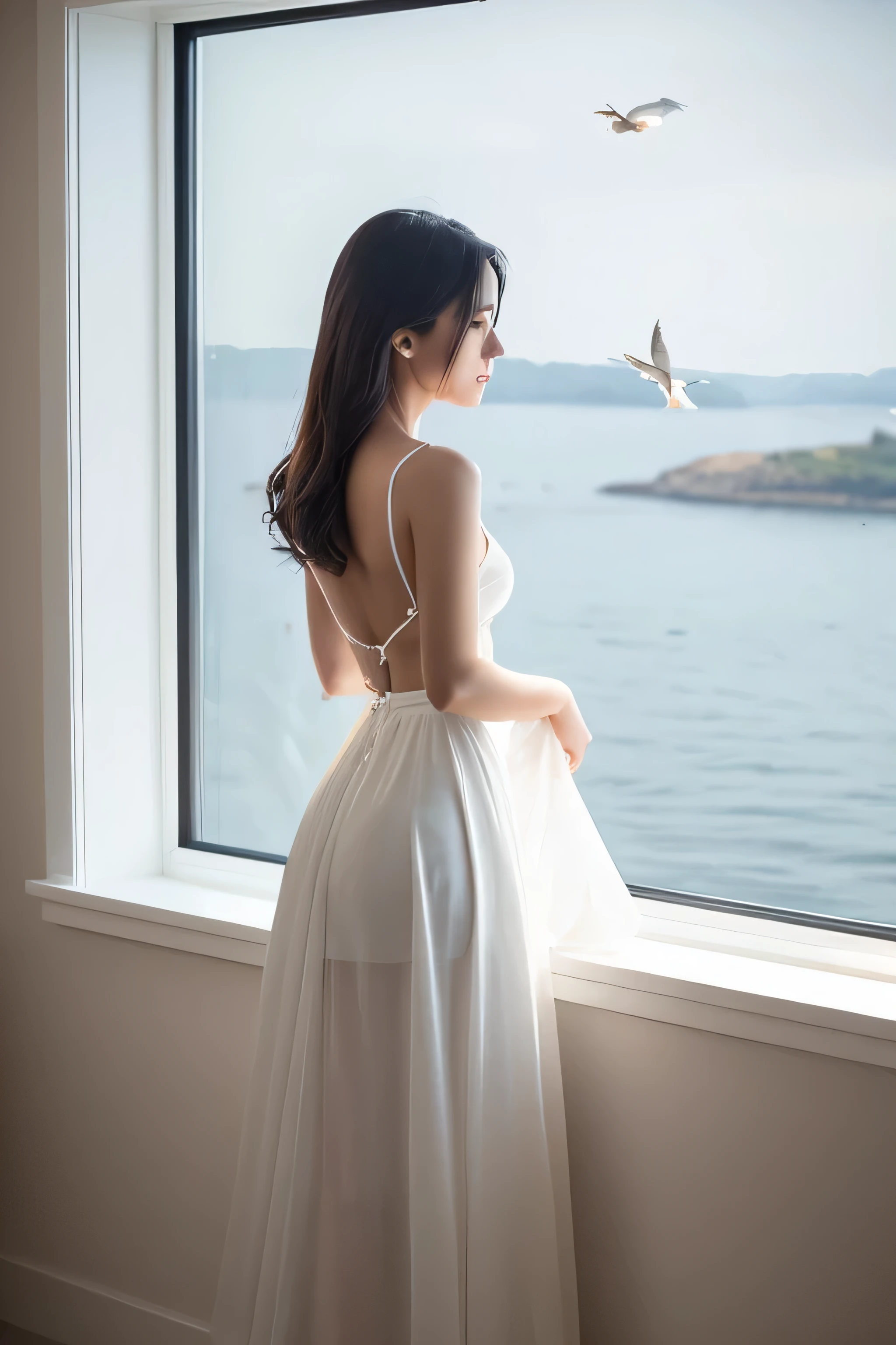 Arav girl in a white dress lies on the windowsill and looks at the sea outside the window，There is a swallow flying over the sea, Open skirt, light half Open skirt, Wearing a dress, Back slit, Rear view, Long skirt, White Long Skirt, in a White Long Skirt, floating dress, wearing a white floating dress, Rear view, Backless dress, Back posture, private moment, Rear view photos
