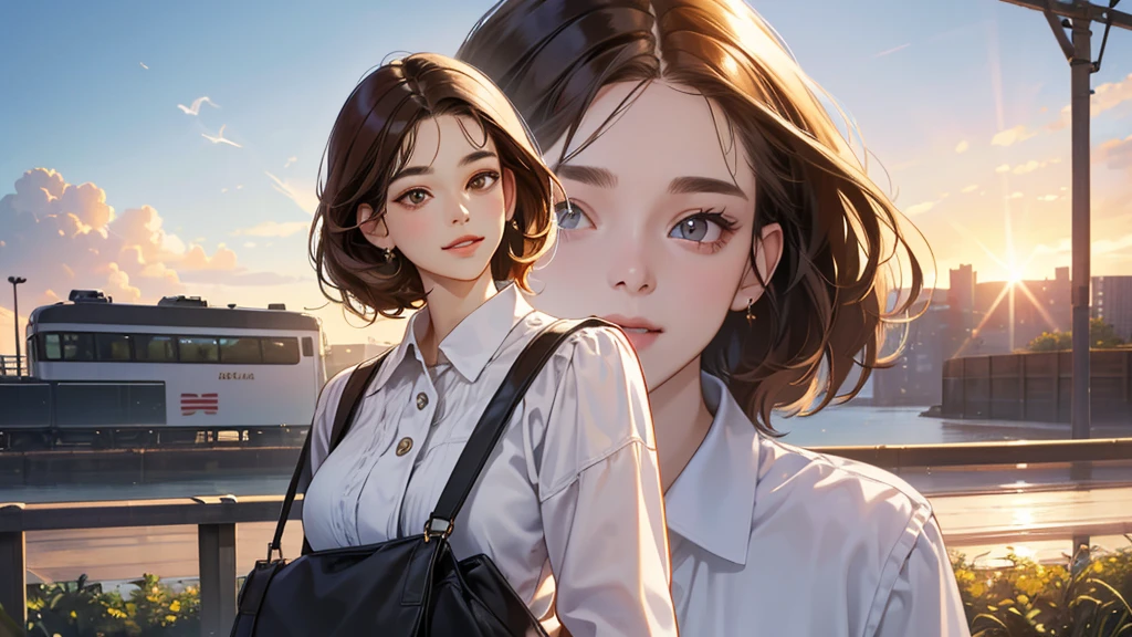 (perfect anatomy:1.2)(absurdres, highres, ultra detailed),masterpiece,best quality,high resolution,8K,Realistic face,Realistic skin texture,magnified textures, stunning clarity,detailed girl,(1 girl:1.2).(ultra detailed eyes and face),22 years old.(gley jacket,White blouse、Brown Hair、Shortcuts、Natural Makeup、Women's Pants)、good feeling、laughing、、smilingly、 a train,morning、Sunny、Orange Tote Bag、、Looking at the sky、standing,she is a office worker