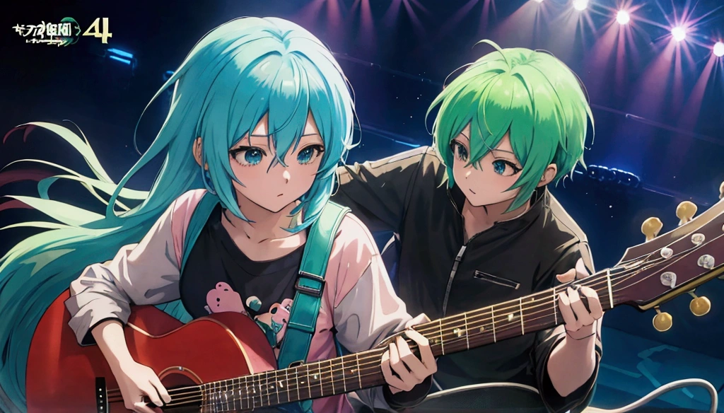 Anime character playing guitar at concert in spotlight, high detailed official artwork, official artwork, playing guitar on stage, mikudayo, anime girl with blue green hair, nightcore, best anime 4k kona-chan wallpaper, anime style 4k, clean and detailed anime art, official anime artwork, anime moe art style, featured anime of the day yet