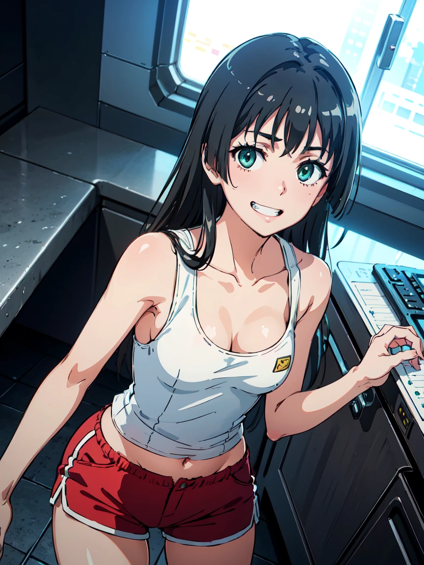 Roll up shirt. (High resolution:1.4), (masutepiece:1.2), (High quality:1.3) 1girl, saten ruiko, green eyes, long hair, black hair, small breast, tank top, hot pants, cinematic lighting,  pov, grin, dynamic angle, nsfw