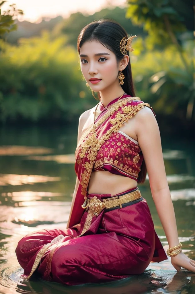 beautiful girl ,Thai Women&#39;s Warriors, walking at thai measure, dynamic poses, Thai Chut Set, Strapless shirt, long ponytail,black eyes,abdominal muscles, plump body, rounded breast, (big breast:1.3), rift, morning sun, staring at the audience, (sexy poses), ((face details)), Double eyelids, finished, realistic, Masterpiece, Highest quality, lens flare, shade, old measure, measure, [[Chromatic aberration]], By Jeremy Lipking, By Antonio J.. Manzanedo, digital painting, HDR, high contrast
