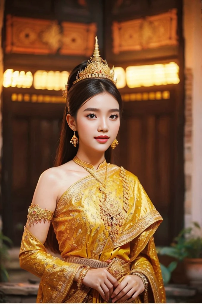 beautiful girl ,Thai Women&#39;s Warriors, walking at thai measure, dynamic poses, Thai Chut Set, Strapless shirt, long ponytail,black eyes,abdominal muscles, plump body, rounded breast, (big breast:1.3), rift, morning sun, staring at the audience, (sexy poses), ((face details)), Double eyelids, finished, realistic, Masterpiece, Highest quality, lens flare, shade, old measure, measure, [[Chromatic aberration]], By Jeremy Lipking, By Antonio J.. Manzanedo, digital painting, HDR, high contrast
