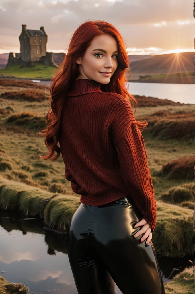 a gorgeous porno European woman, wavy crimson red hair in the wind. she's a men magazine model, She has a subtle smile and flirts with the camera, (she wears leather shirt), (with a long wool sweater and pvc leggings:1.2),background landscape of Scotland Loch and Scottish castle ruins, (in sunset light:1.2), 