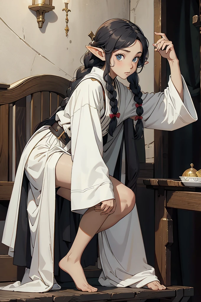 elf, young cute boy, long hair, braids, young, cute, ,medieval clothes, black and white clothes, jester, tanned skin, robe, pants, long socks, portrait