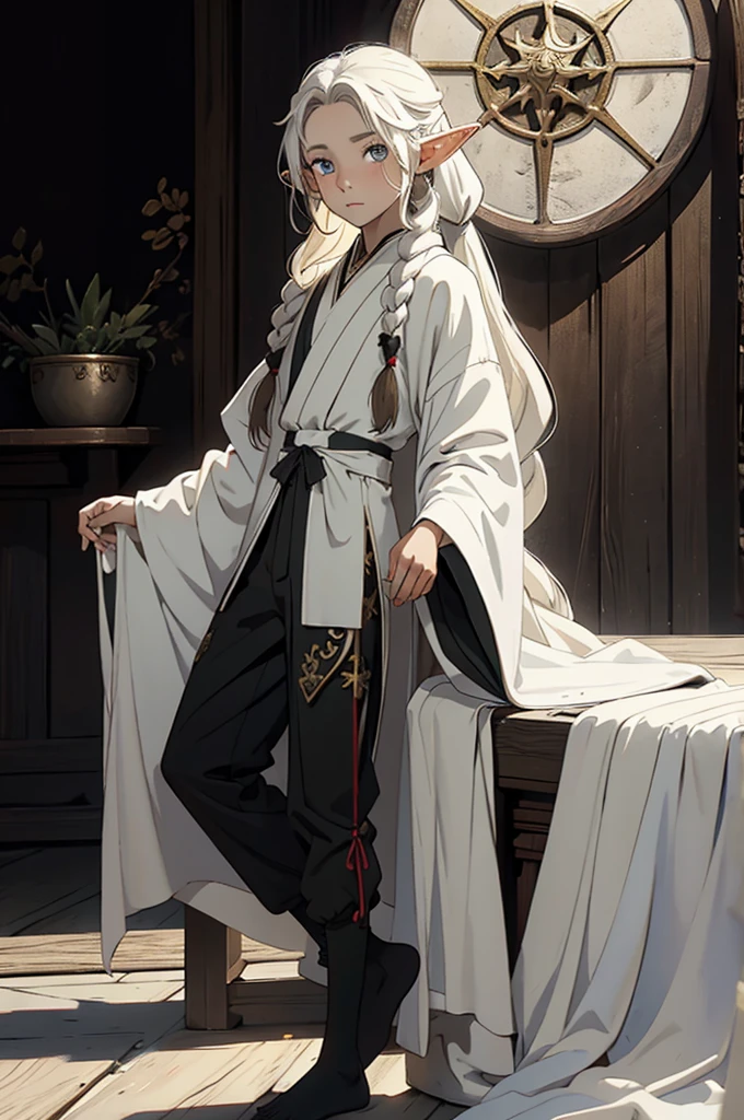 elf, young cute boy, long hair, braids, young, cute, ,medieval clothes, black and white clothes, jester, tanned skin, robe, pants, long socks, portrait
