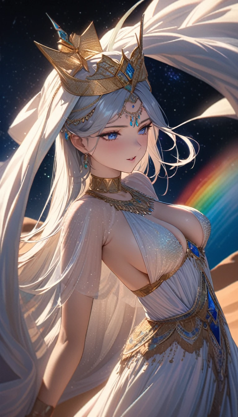 Highest quality, Highest quality, 16K, SFW, Unbelievably absurd, Very detailed, delicate and dynamic, Natural light, The particles reflect the colors of the rainbow, Diffuse reflection of light, Vortex of Light, There are many sandstorms, Beautiful desert, Colorful starry sky, Beautiful starry sky, milky way, shooting star, Moonlit Night, Sand Dunes, Oasis City, Blue Palace, Blue tile wall, Create amazing image effects, upper body close-up, (Cute sexy girl, bouncing chests, Sensual expression, Passionate, Hilarious, Vibrant, Arab royalty, Arabian Princess, Arabian Long Dress, Gorgeous Dress,, Lavish décor, Dancing against the backdrop of a starry sky)